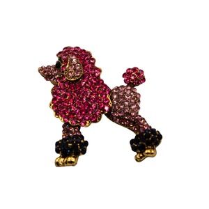 Pink‎ Rhinestone Poodle Brooch Gold Tone Crystal Dog Pin Novelty Jewelry